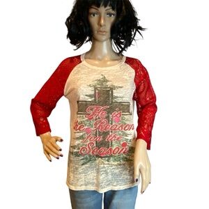 Southern Grace "He is the Reason for the Season" Raglan Burnout Tee Size Large?
